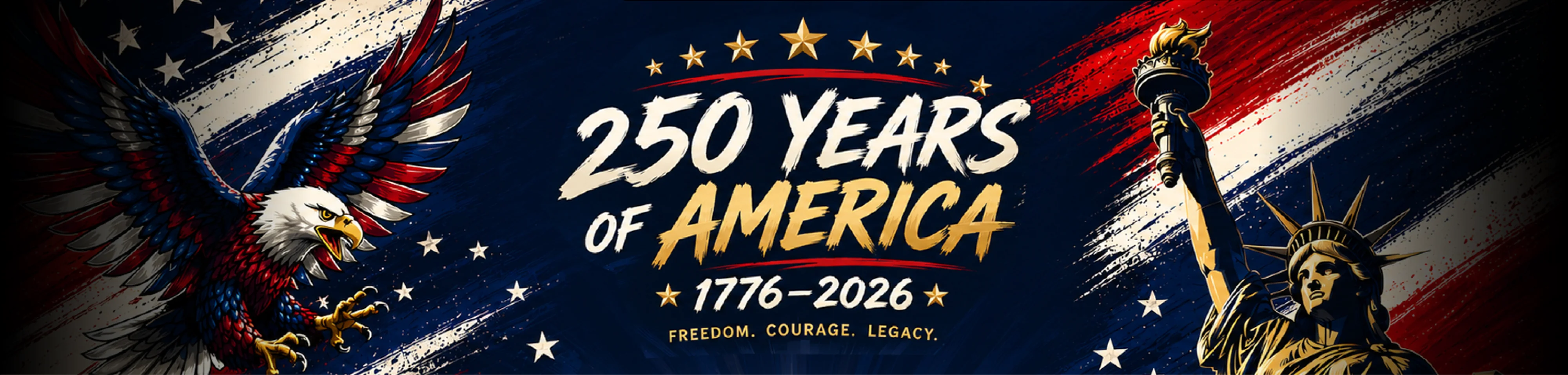 250 years of America. 1776-2026. Freedom. Courage. Legacy.